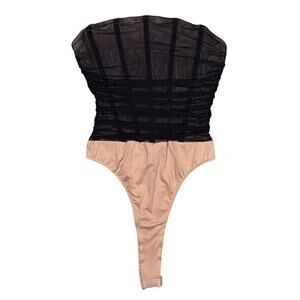Hey Babe Mesh Corset Boned Bodice Strapless Bodysuit Size Small Black & Tan NWOT
